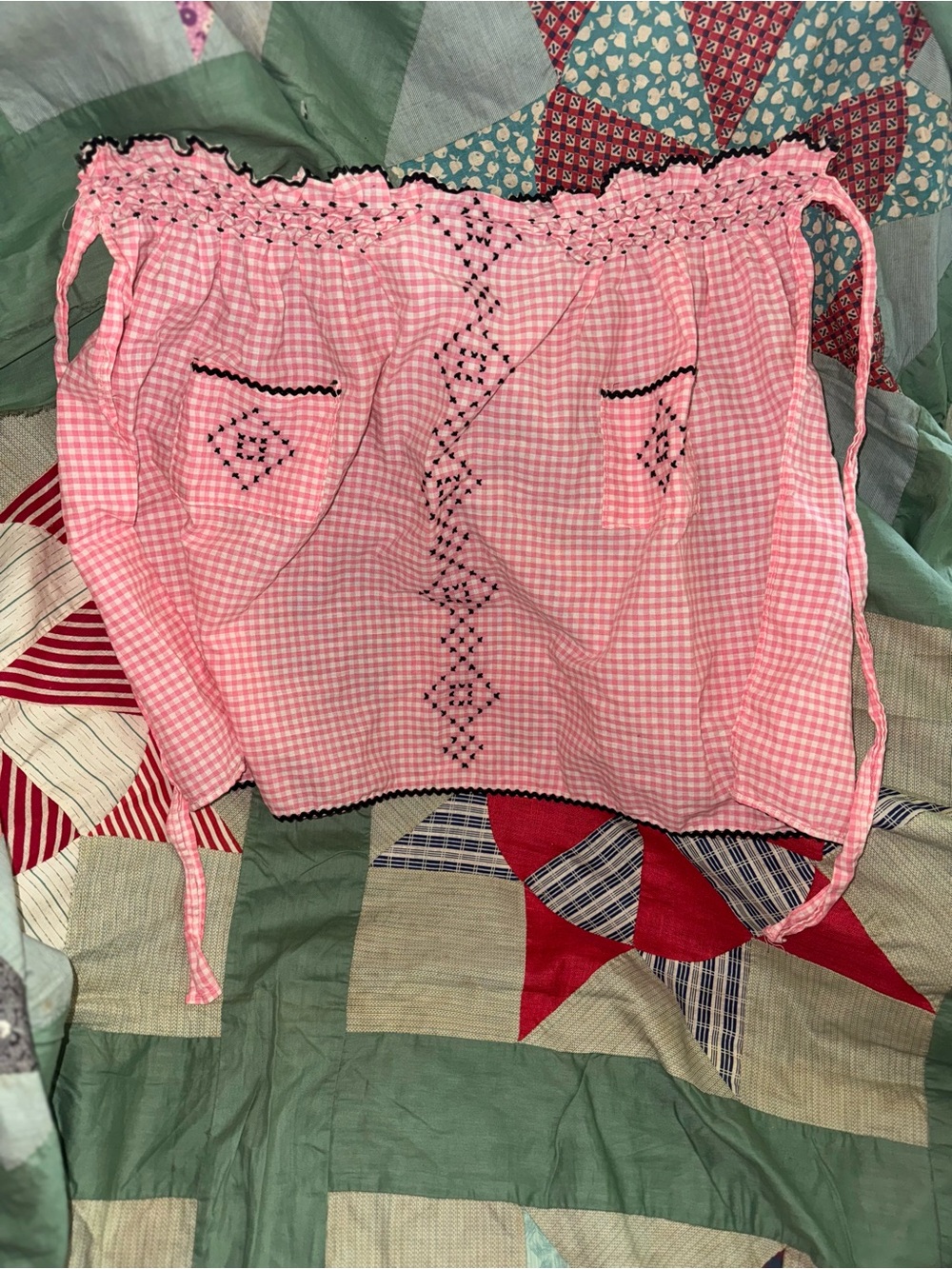 Vintage handmade Pink Gingham Smocked Half Apron with Embroidery